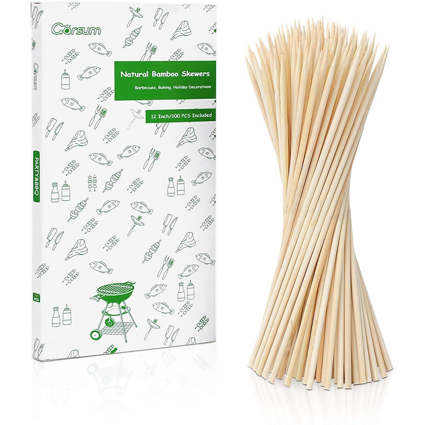 Garsum Natural BBQ Bamboo Skewers, 12" Wooden Skewers for Assorted Fruits, Kebabs, Grill, Highly Renewable Natural Resources, Suitable for Kitchen, Party, Food Catering and Crafting (100 PCS)