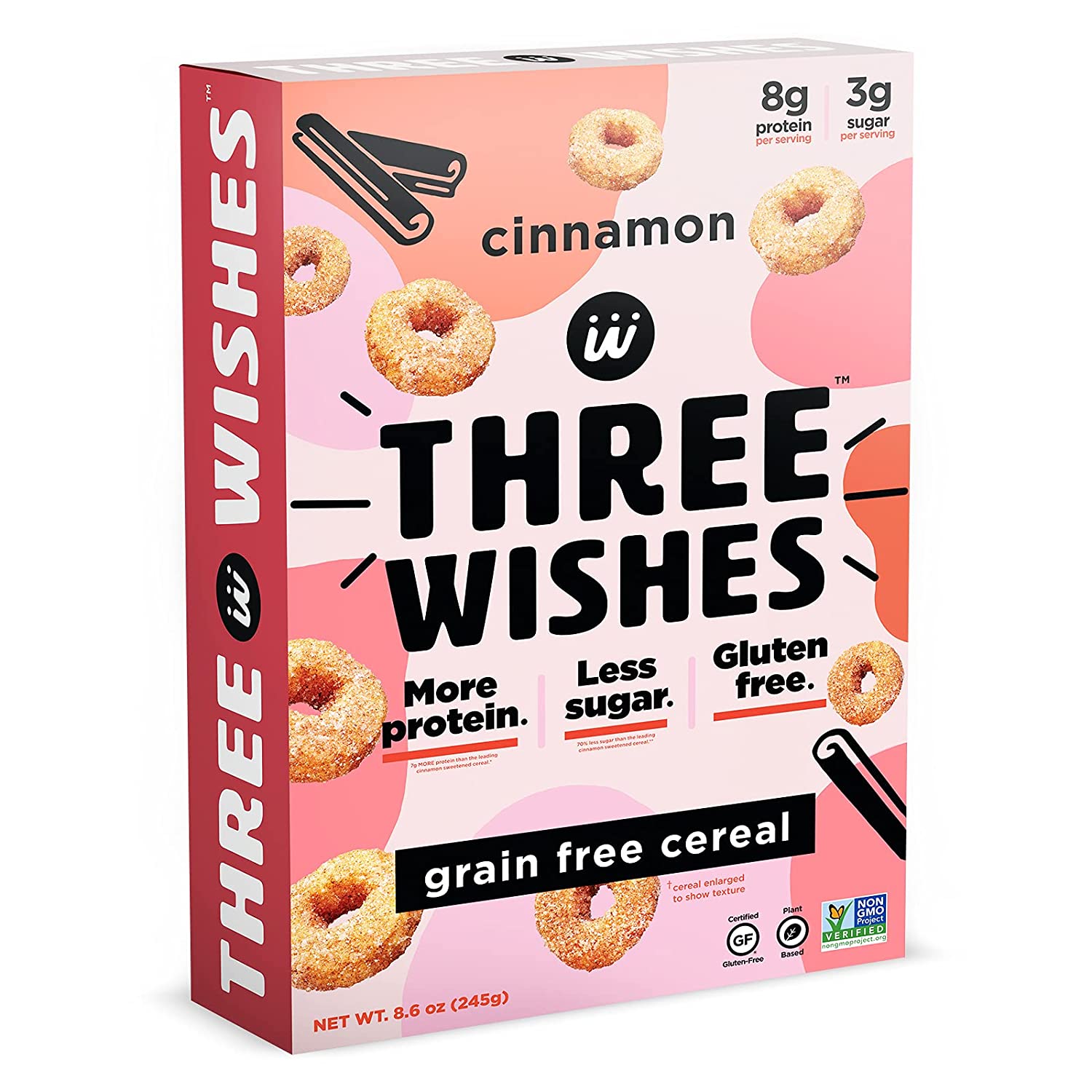 Plant-Based and Vegan Breakfast Cereal by Three Wishes - Cinnamon, 1 Pack - High Protein and Low Sugar Snack - Gluten-Free, Grain-Free, and Dairy-Free - Non-GMO