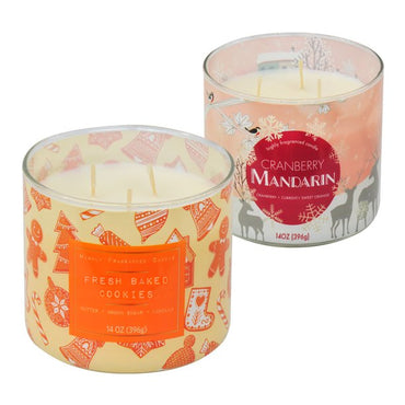 Holiday Time 3-Wick Candle, 14 oz., 2-Pack, Fresh Baked Cookies and Cranberry Mandarin
