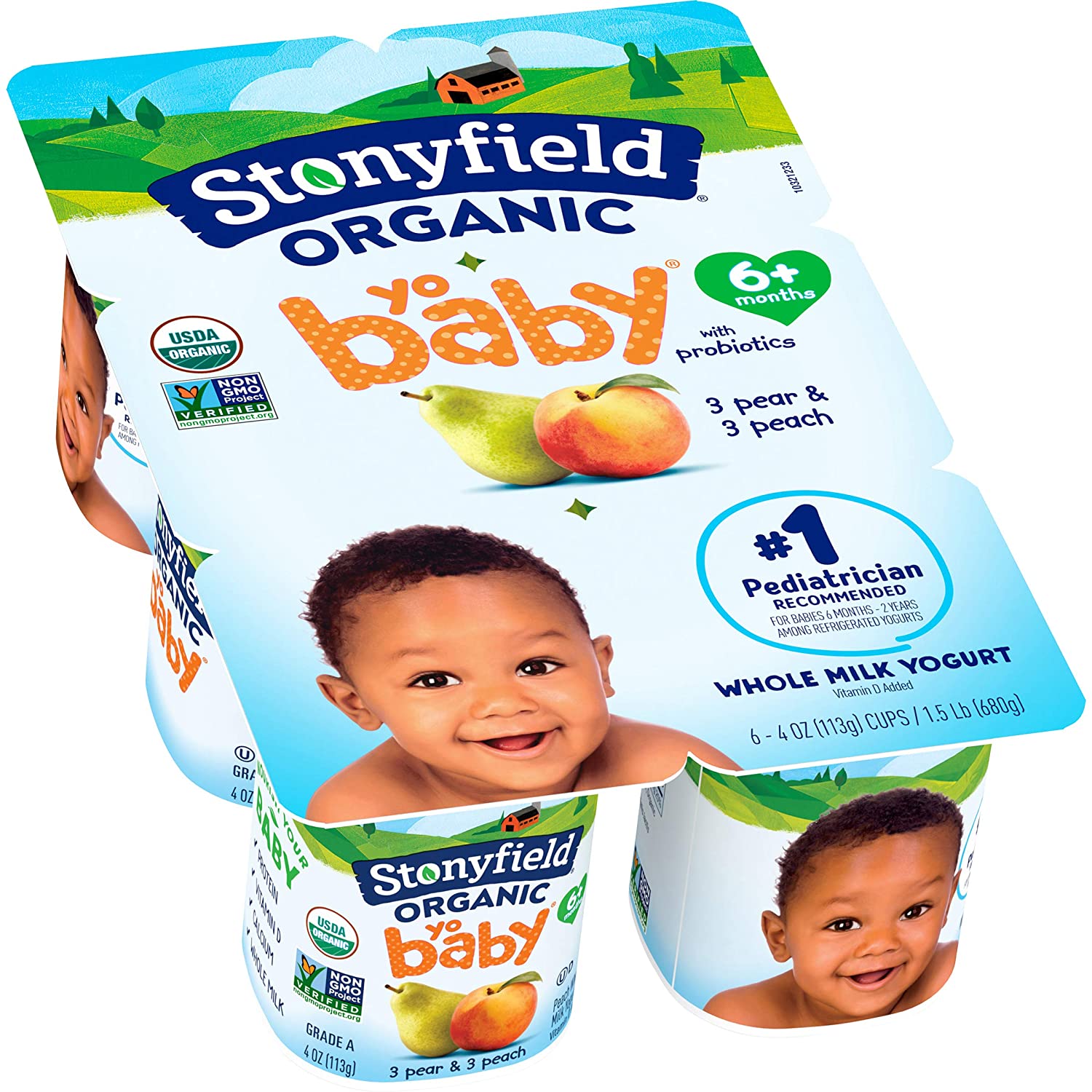 Stonyfield Organic YoBaby Stage 1 Baby Yogurt Cups, Pear & Peach, 6 Ct - For Babies 6 Months & Older, Whole Milk Yogurt with Probiotics, 4 oz. Each