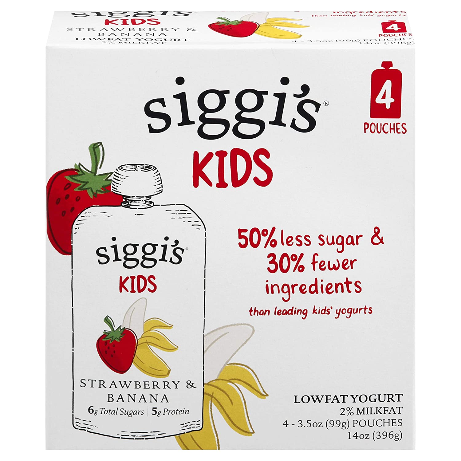 siggi’s Kids Lowfat Yogurt Pouches, Strawberry Banana, 3.5 oz. Each, 4 Ct – 2% Milkfat