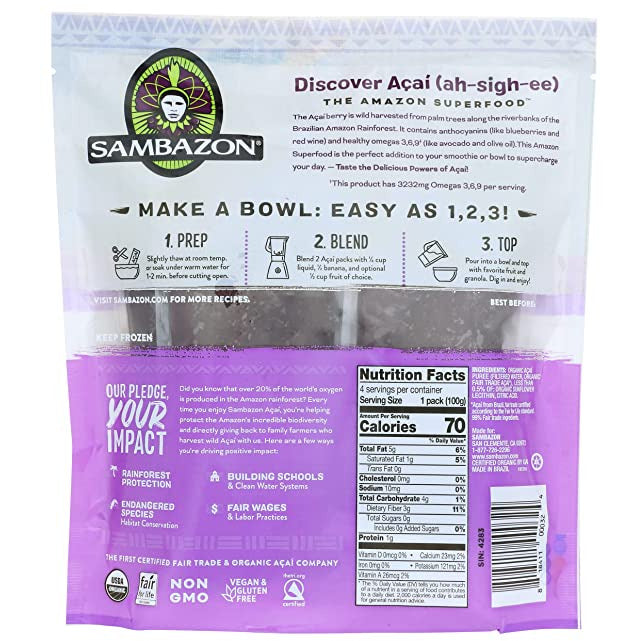 Sambazon (AmazonFresh) Organic Unsweetened Acai Superfruit Packs, 14.1 OZ