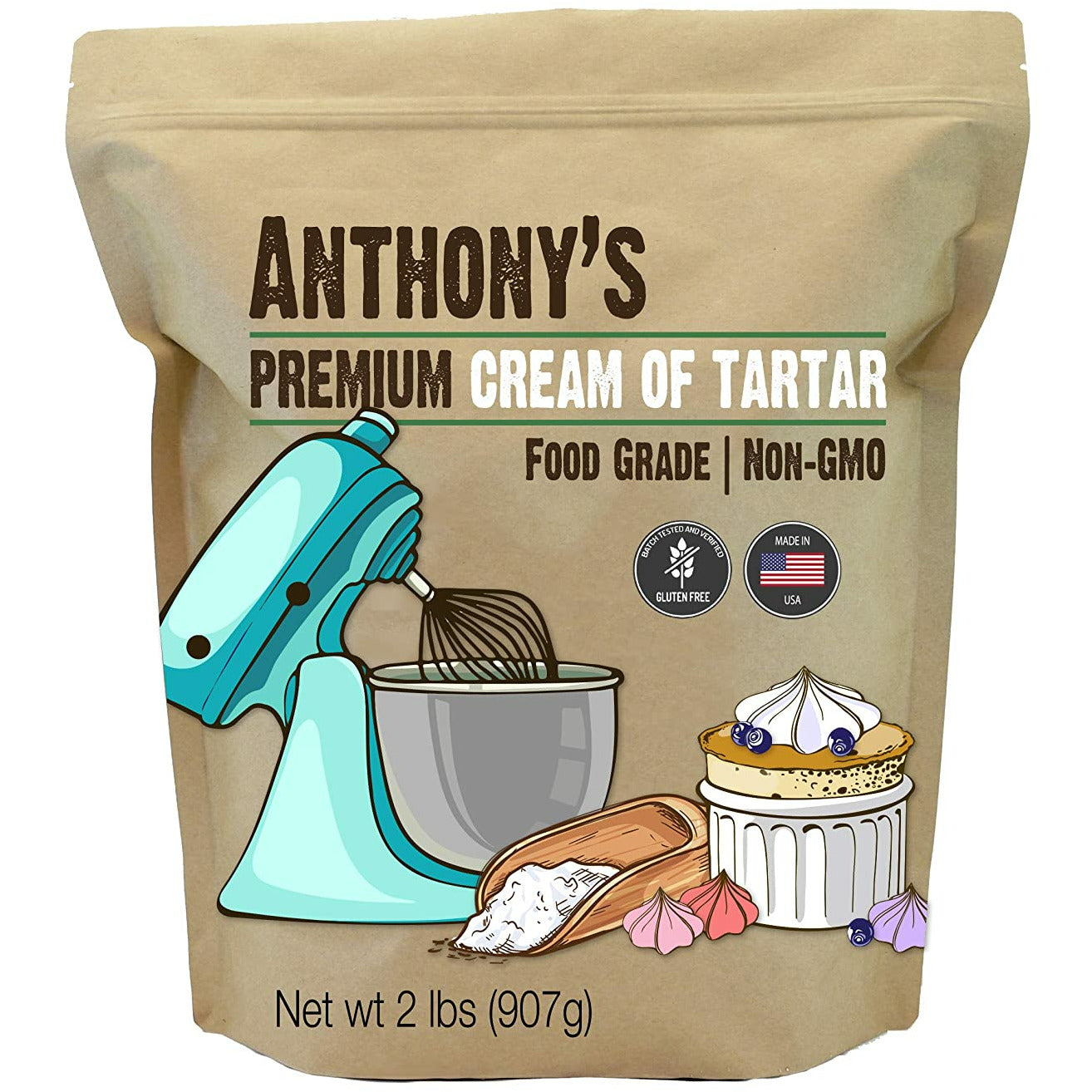 Anthony's Premium Cream of Tartar, 2 lb, Gluten Free, Food Grade, Non GMO, USP, FCC, Made in USA