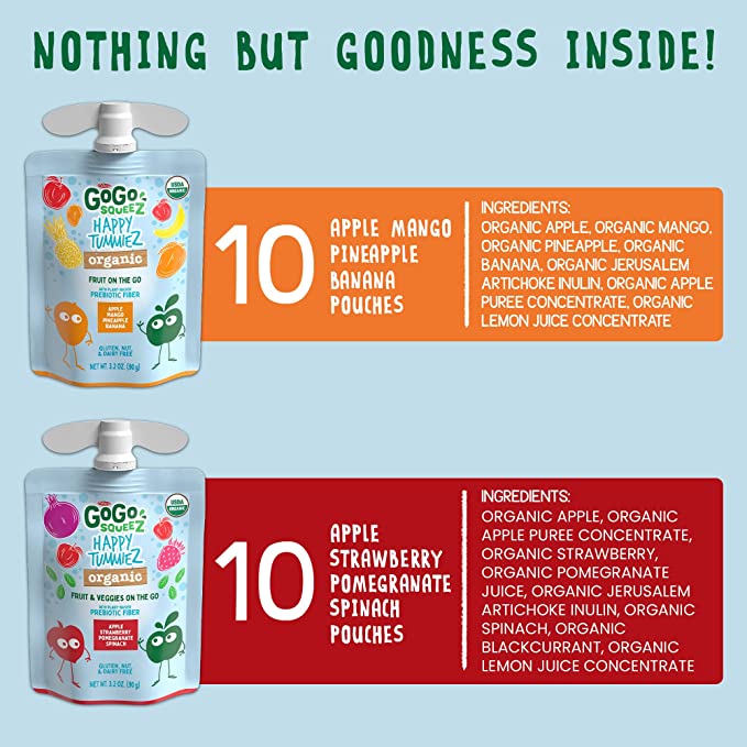 GoGo squeeZ happy tummieZ Organic Variety Pack Apple Strawberry Pomegranate Spinach & Apple Mango Pineapple Banana, 3.2 oz. (20 Pouches) - Kids Snacks with Prebiotic Fiber – Gluten, Nut, & Dairy Free