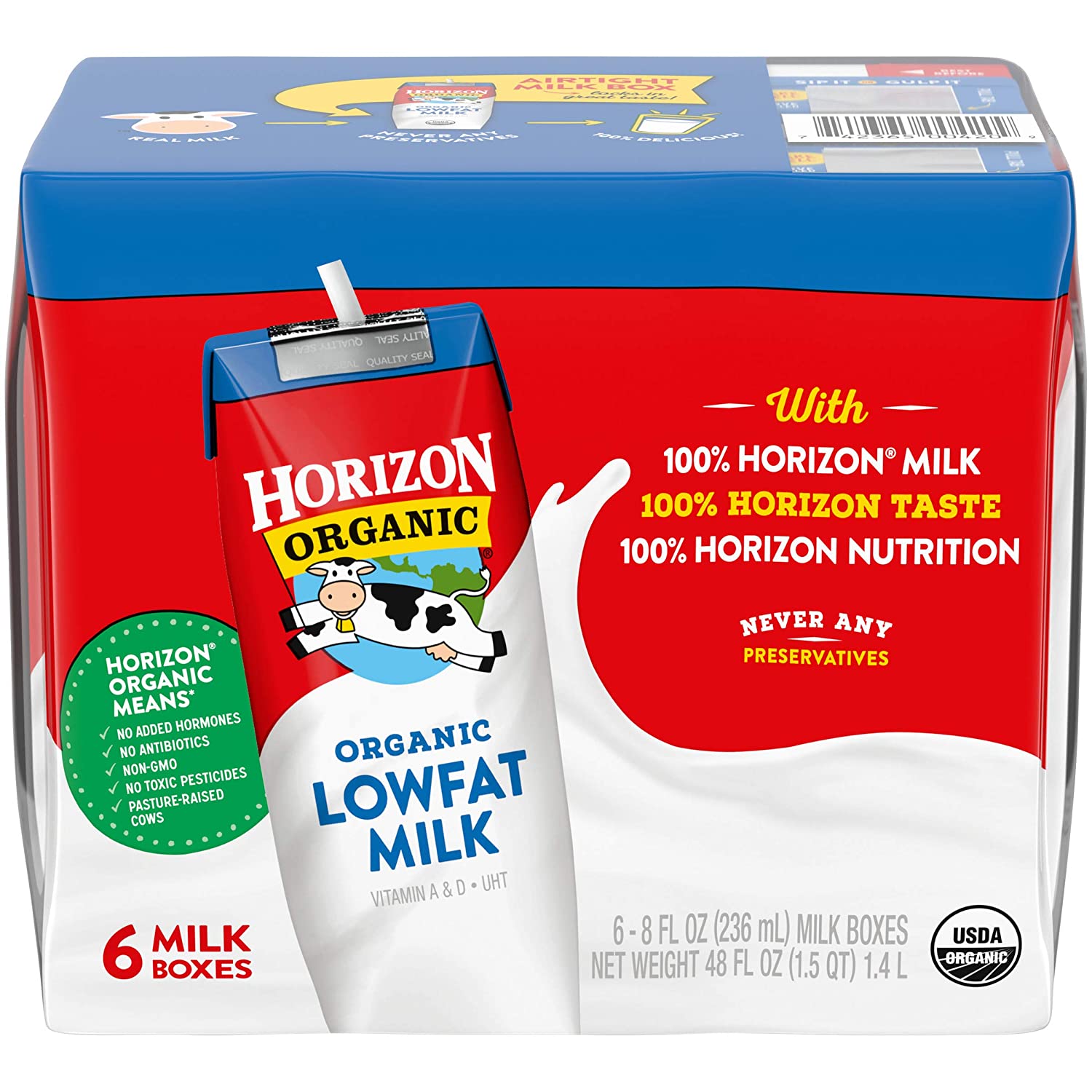 Horizon Organic, Low Fat Organic Milk Box, Plain, 8 Ounce 6pk