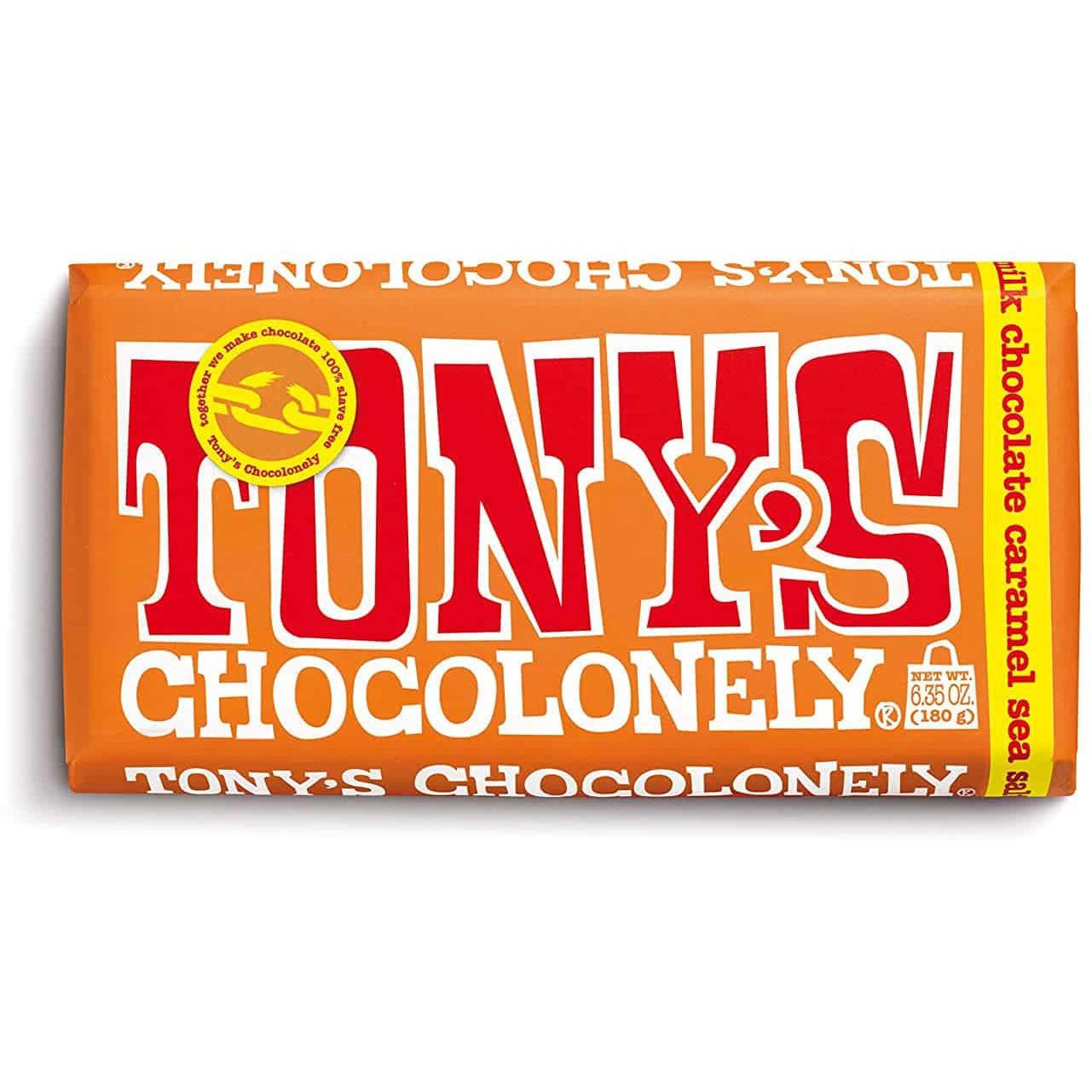 Tony's Chocolonely 32% Milk Chocolate Bar with Caramel and Sea Salt, 6.35 Ounce