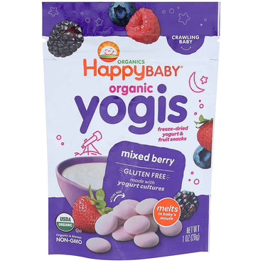 Happy Baby Organic Yogis Freeze-Dried Yogurt &amp; Fruit Snacks Mixed Berry, Organic Gluten-Free Easy to Chew Probiotic Snacks for Babies & Toddlers, 1 Ounce, Pack of 1