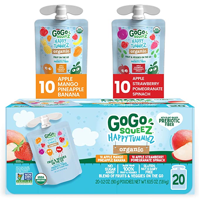 GoGo squeeZ happy tummieZ Organic Variety Pack Apple Strawberry Pomegranate Spinach & Apple Mango Pineapple Banana, 3.2 oz. (20 Pouches) - Kids Snacks with Prebiotic Fiber – Gluten, Nut, & Dairy Free