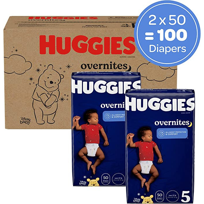 Overnight Diapers Size 5 (27+ lbs), 100 Ct, Huggies Overnites Nighttime Baby Diapers