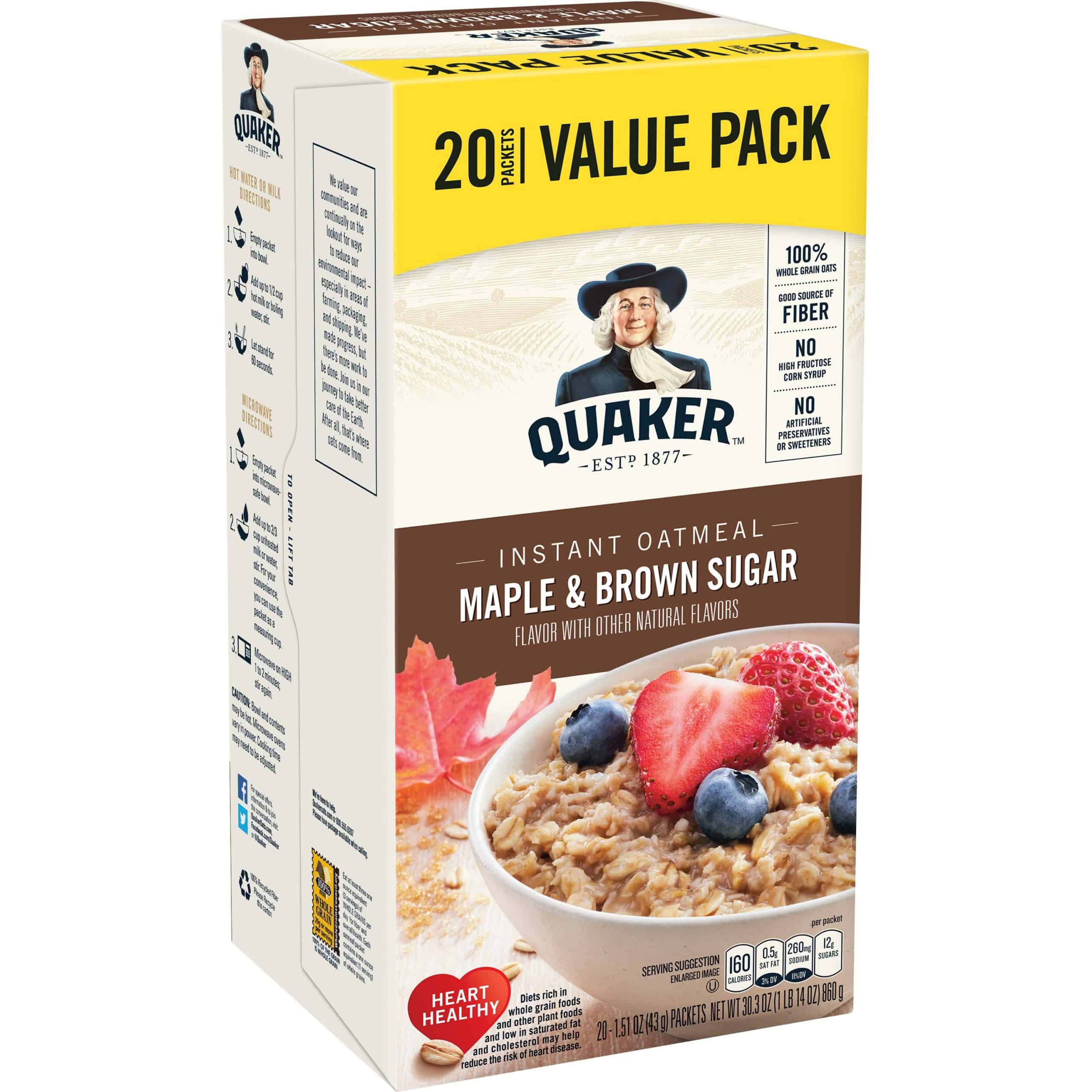 Quaker Instant Oatmeal, Maple &amp; Brown Sugar Value Pack, 20 Pack