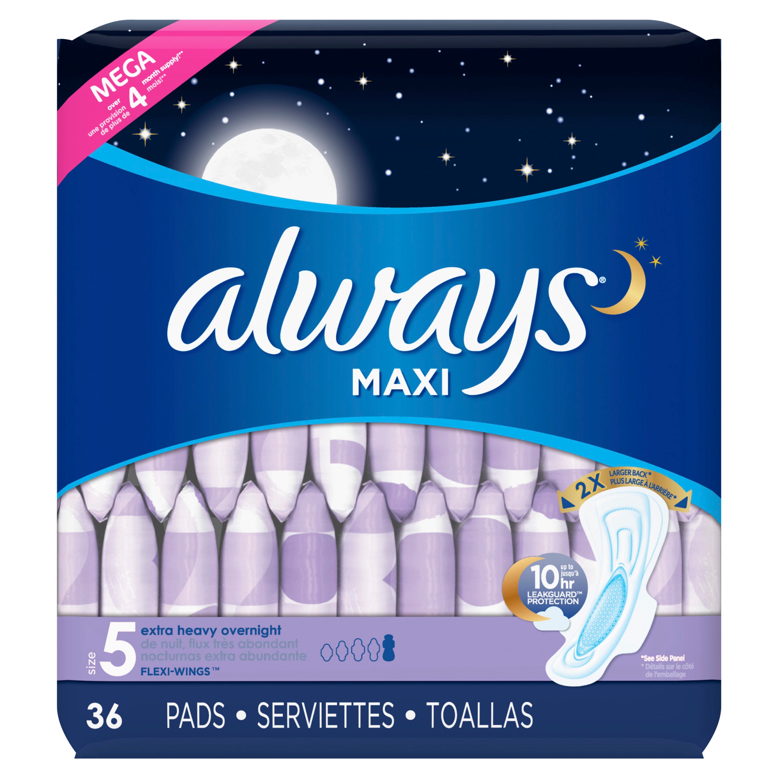 Always Maxi Super Pads Winged Unscented Extra Heavy, Size 5, 36ct