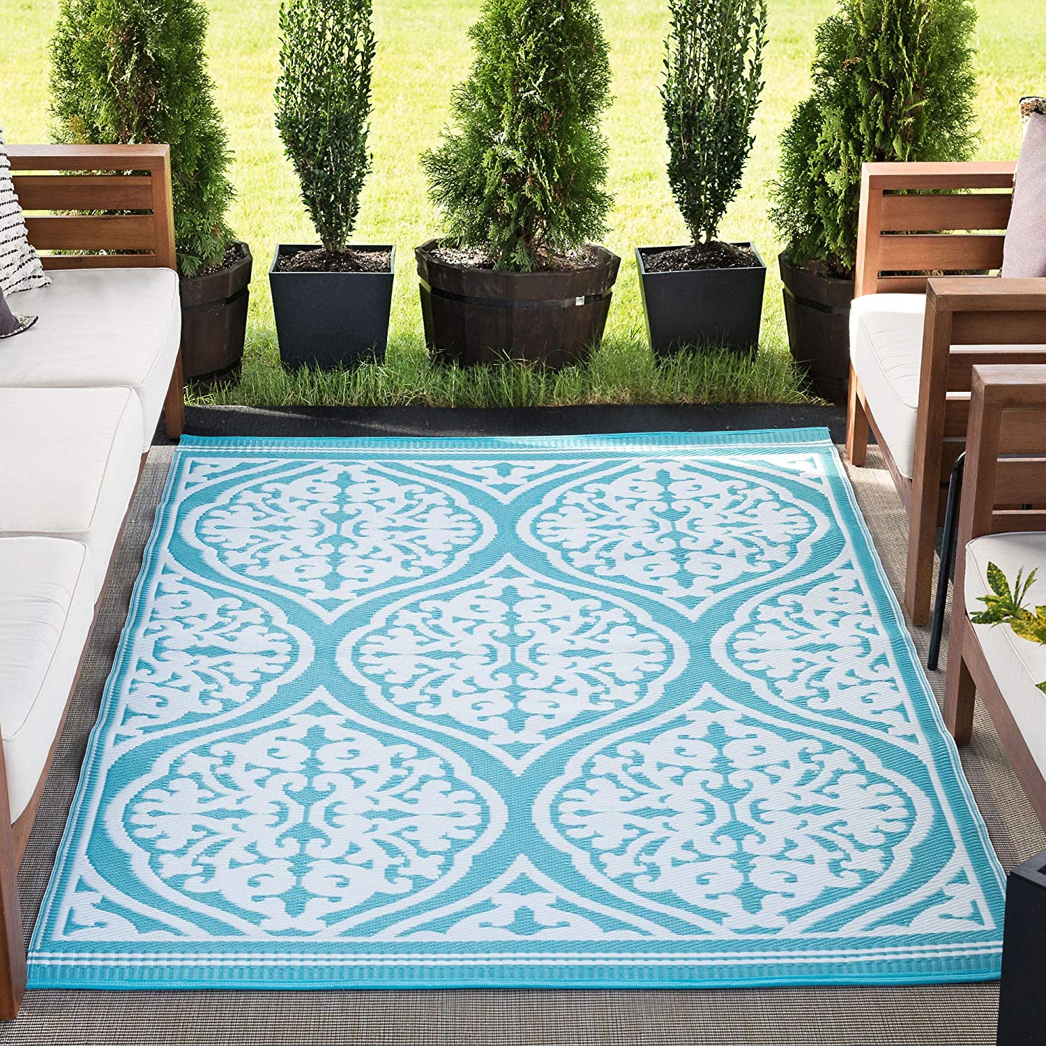 Kingman Aqua Reversible Plastic Straw Large Outdoor Area Rug 8x10 for Patios Garden Picnic Camping Mats Waterproof and Washable