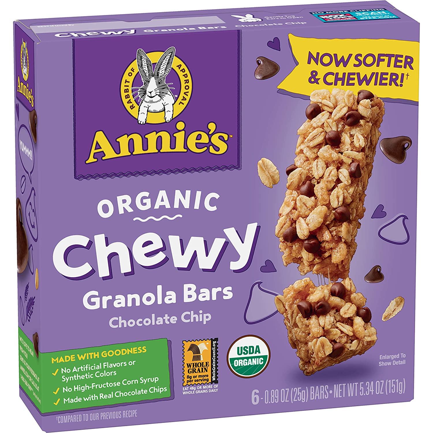Annie's Organic Chewy Granola Bars, Chocolate Chip, 6 Bars, 0.89oz Each