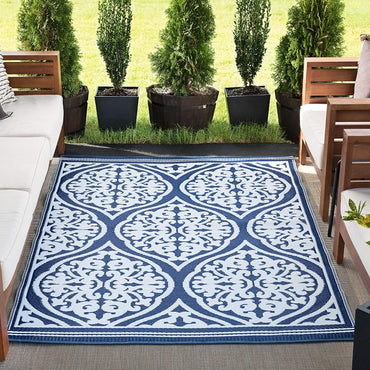 Kingman Navy Reversible Plastic Straw Outdoor Rugs 8x10 for Patios Garden Picnic Camping Mats Waterproof and Washable