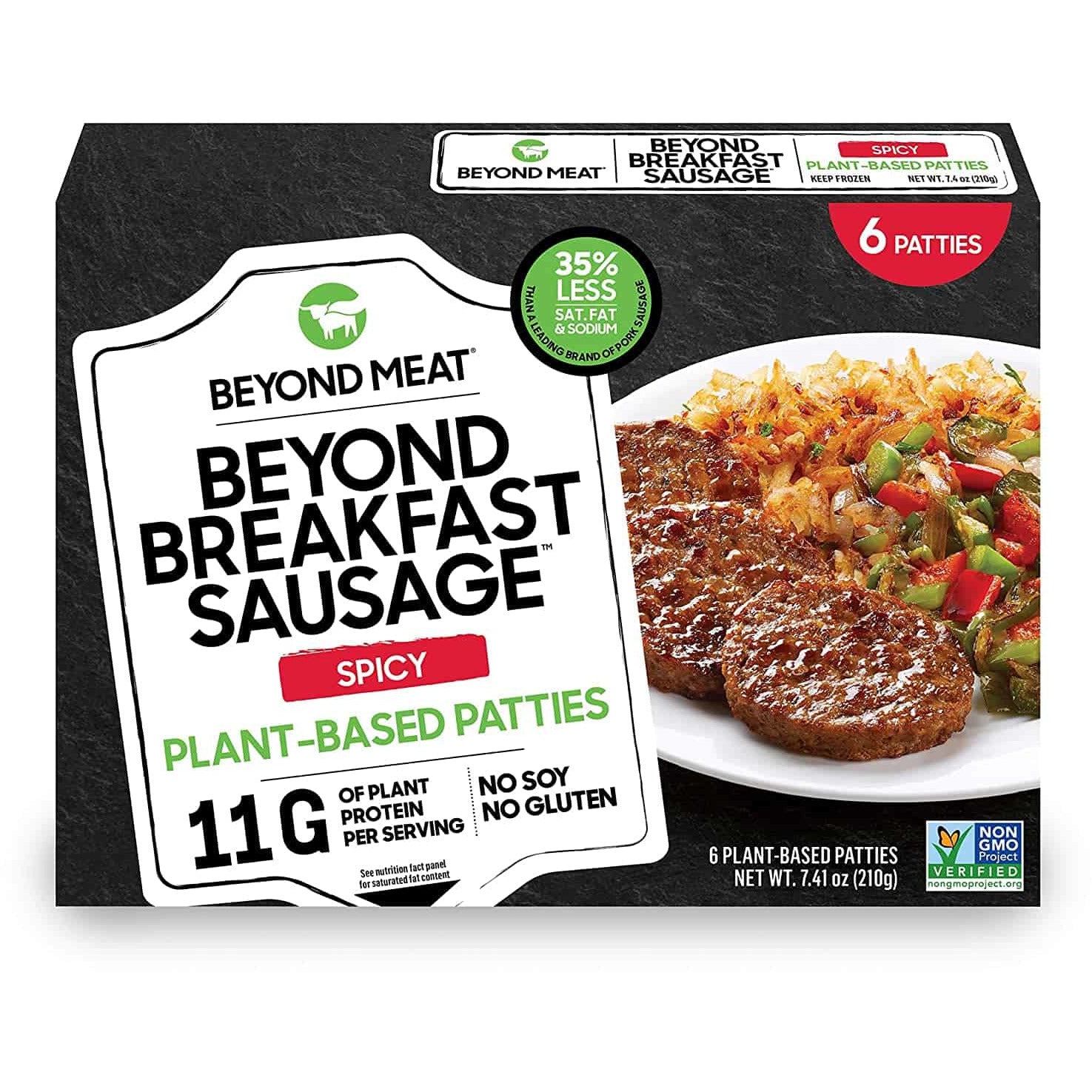 Beyond Breakfast Sausage from Beyond Meat, Plant-Based Patties, Frozen, 6 Patties per 7.4 oz Box, Spicy Flavor