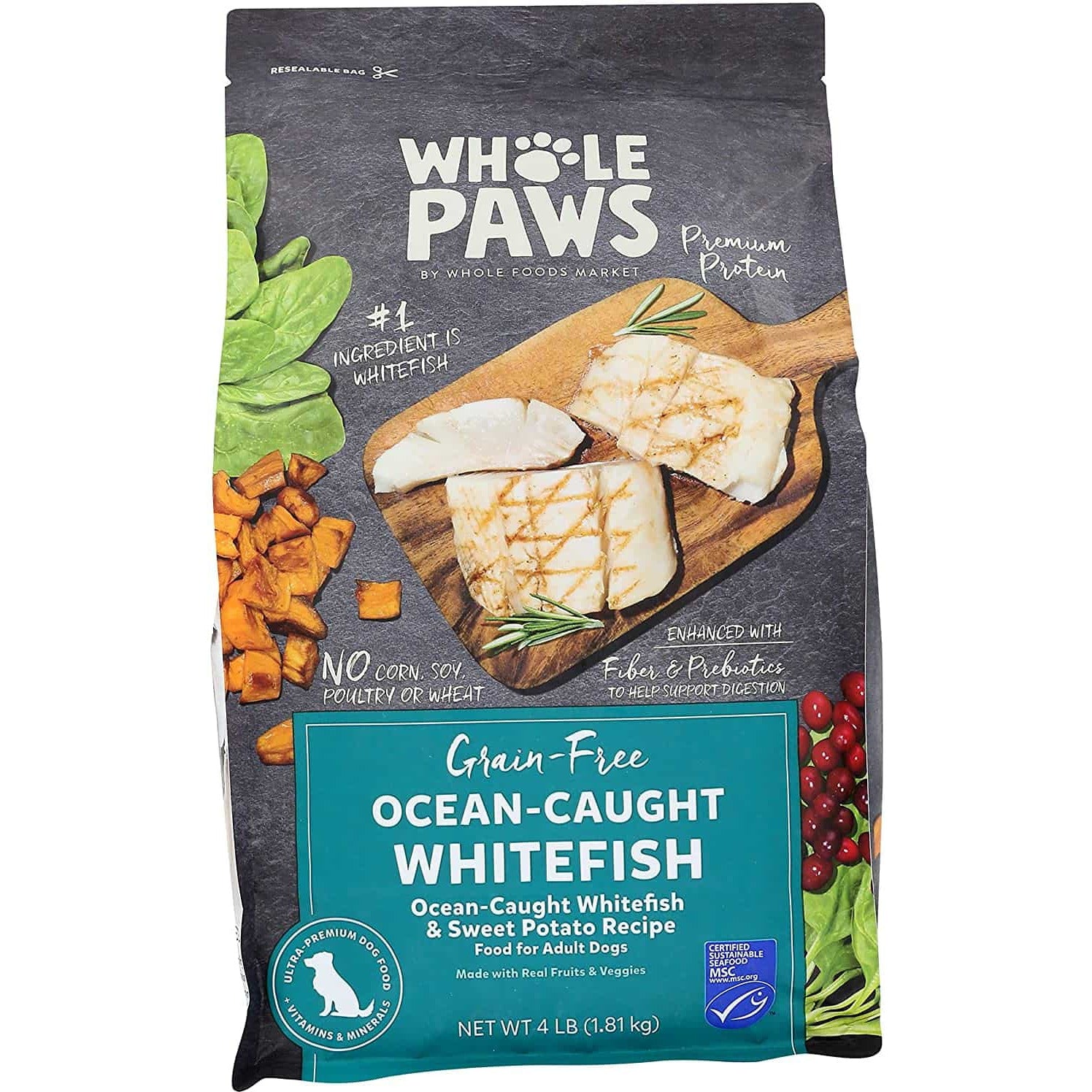 Whole Paws Grain-Free Adult Dog Food, Ocean-Caught Whitefish & Sweet Potato Recipe, 4 Lb.