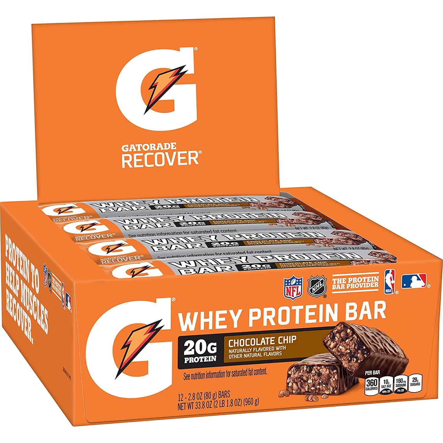 Gatorade Whey Protein Recover Bars, Chocolate Chip, 2.8 ounce bars (12 Count)