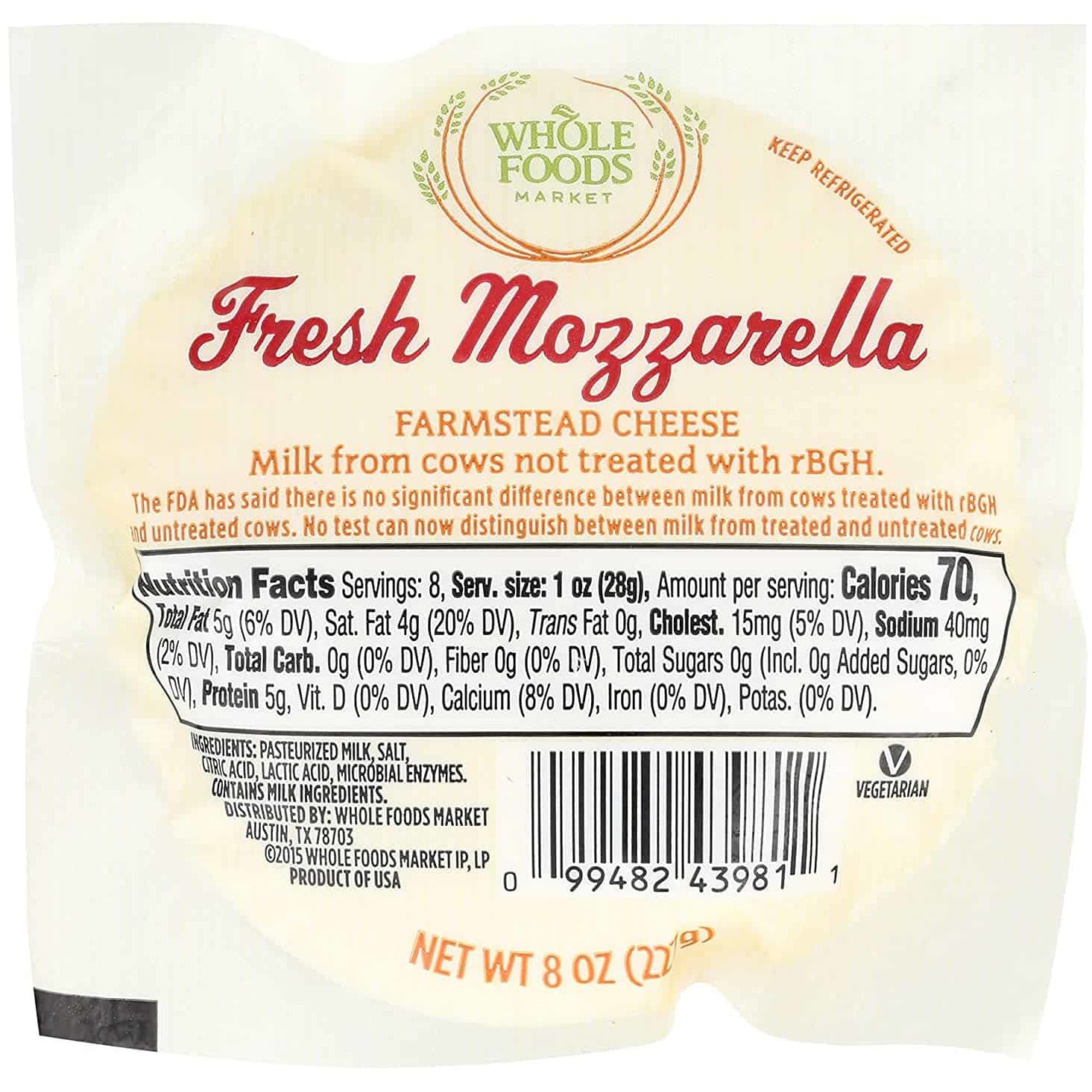 Whole Foods Market, Fresh Mozzarella, 8 oz