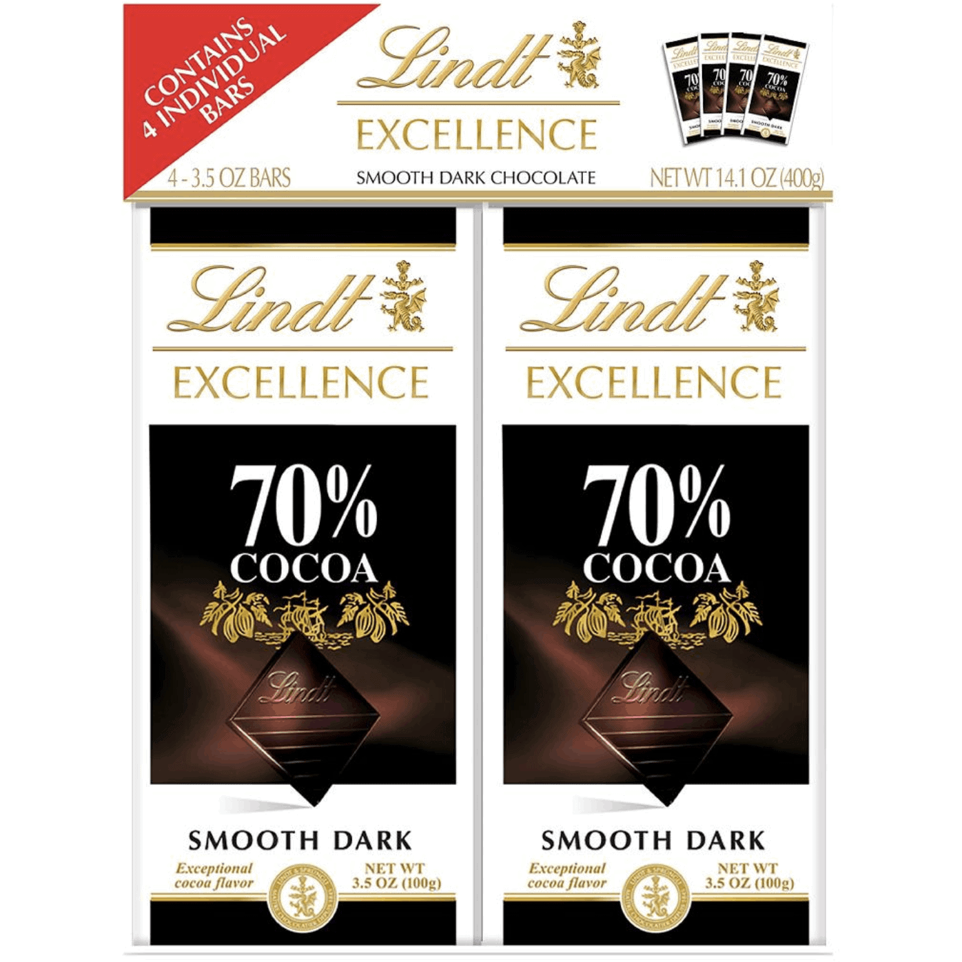 Lindt Excellence 70% Cocoa Dark Chocolate Bars, 4 pk./3.5 oz.