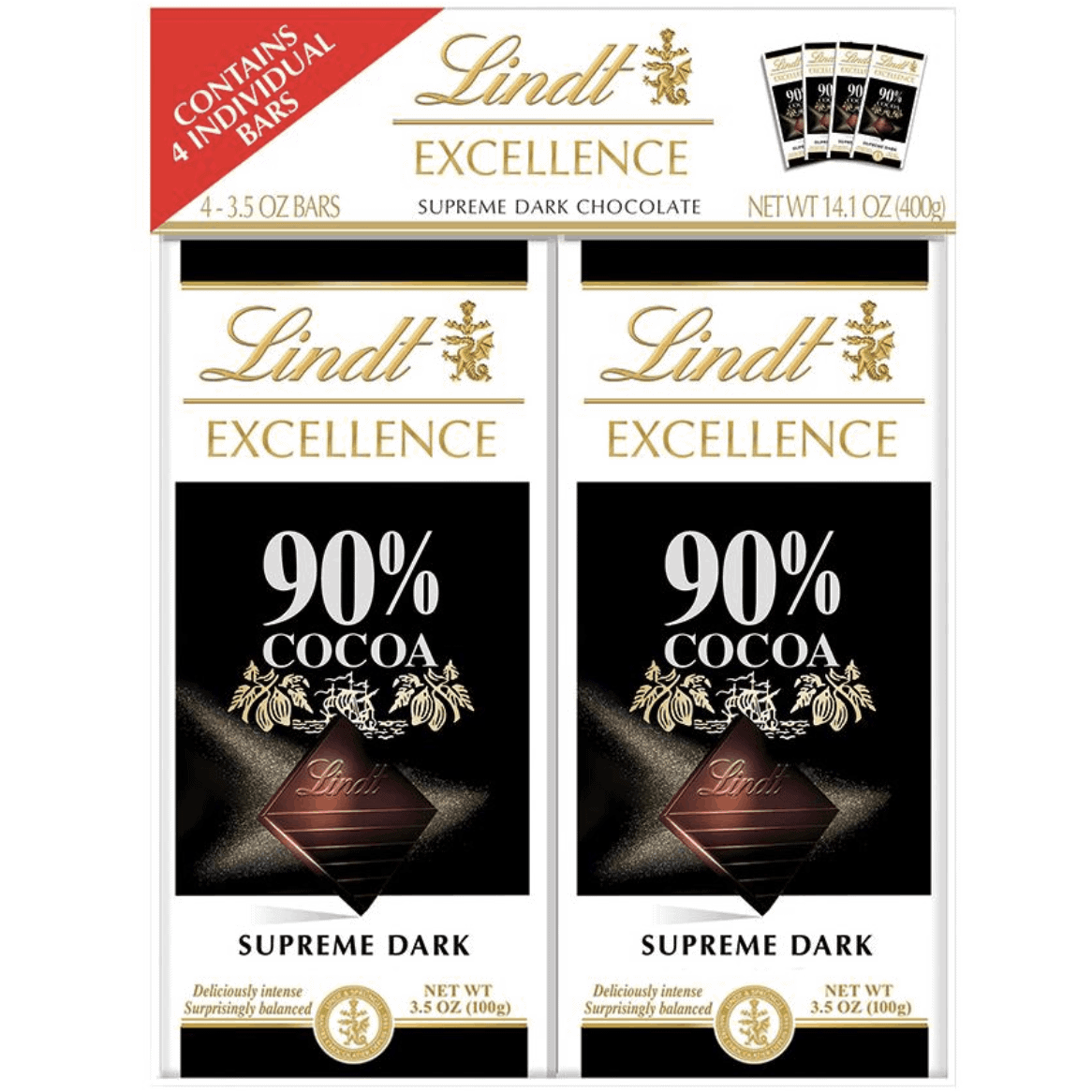 Lindt Excellence 90% Cocoa Supreme Dark Chocolate, 4 pk./3.5 oz.