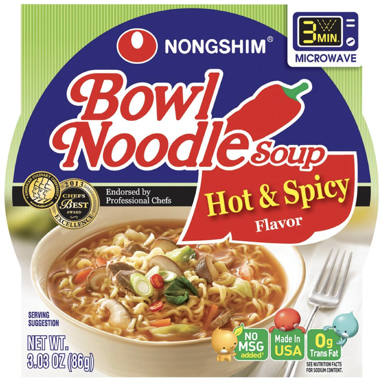 Nong Shim Hot &amp; Spicy Bowl Noodle Soup, 12 pk./3.03 oz.