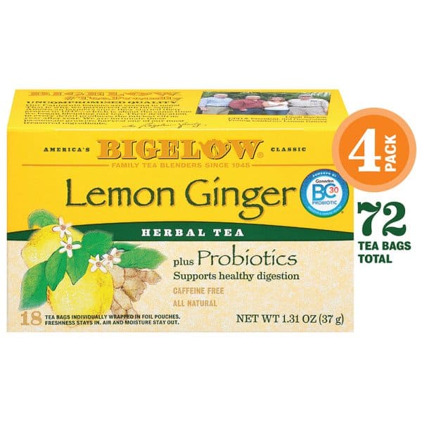 Bigelow Lemon Ginger Probiotics Herbal Tea, 18 Ct (4 Boxes)