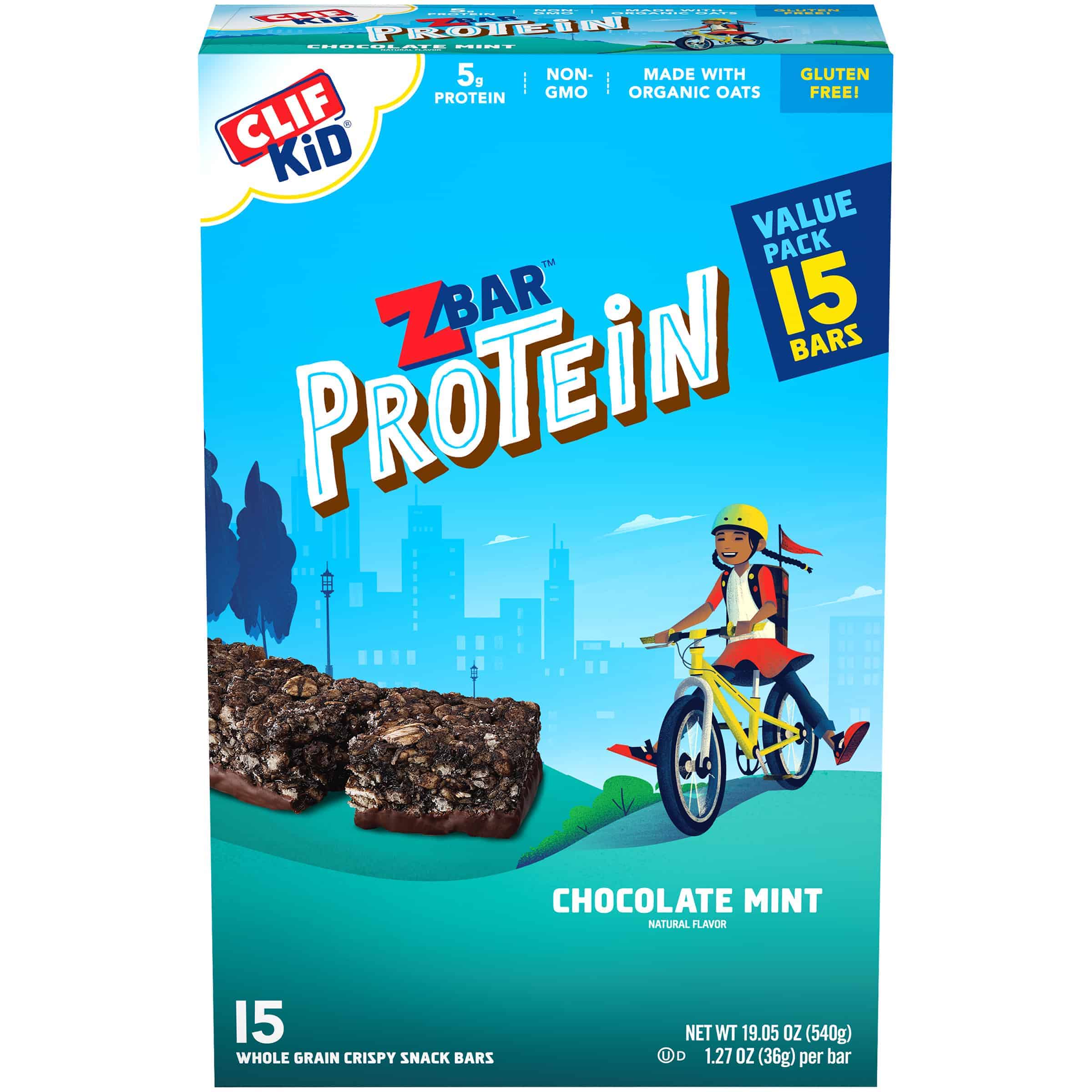 CLIF Kid Zbar Protein Granola Bars, Gluten Free, Chocolate Mint, 15 Ct, 1.27 oz