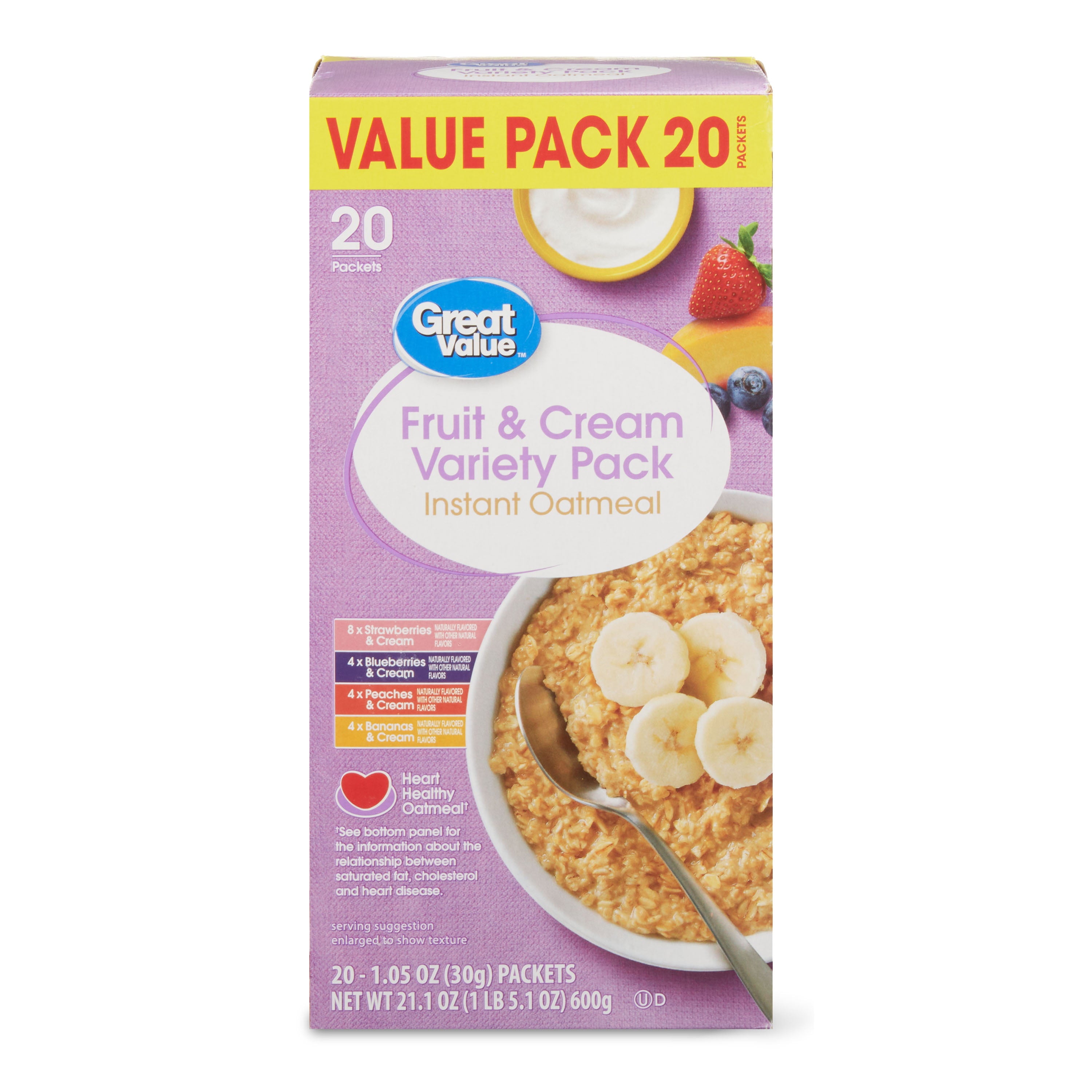 Great Value Fruit & Cream Variety Instant Oatmeal Value Pack, 1.05 oz, 20 Packet
