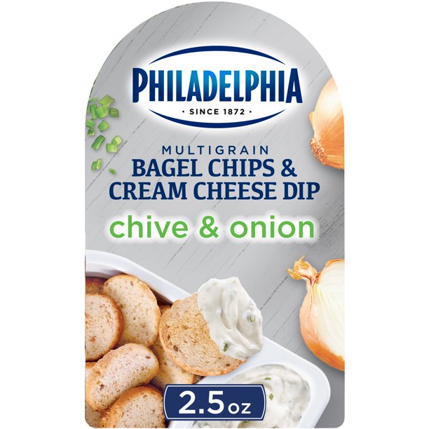 Philadelphia Multigrain Bagel Chips & Chive & Onion Cream Cheese Dip Snack, 2.5 oz Tray
