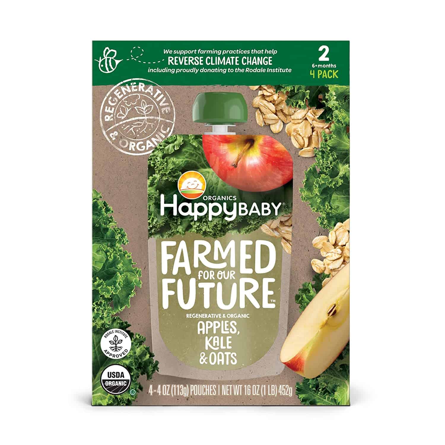 HAPPY BABY Apple, Kale, & Oats Baby Food 4 Count, 16 OZ